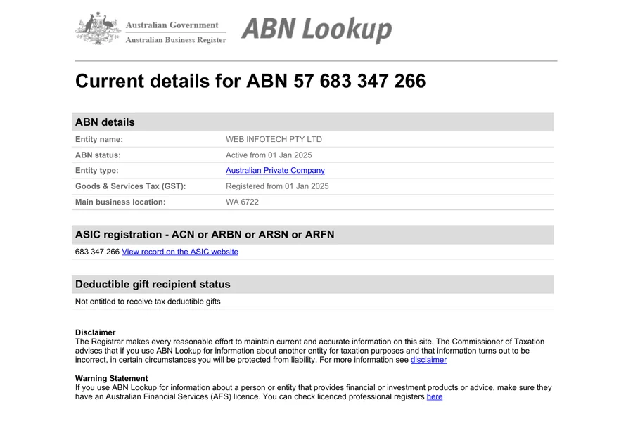 ABN Lookup record showing current details for ABN 57 683 347 266, Web Infotech Pty Ltd, an Australian Private Company, active and GST registered from 1 January 2025
